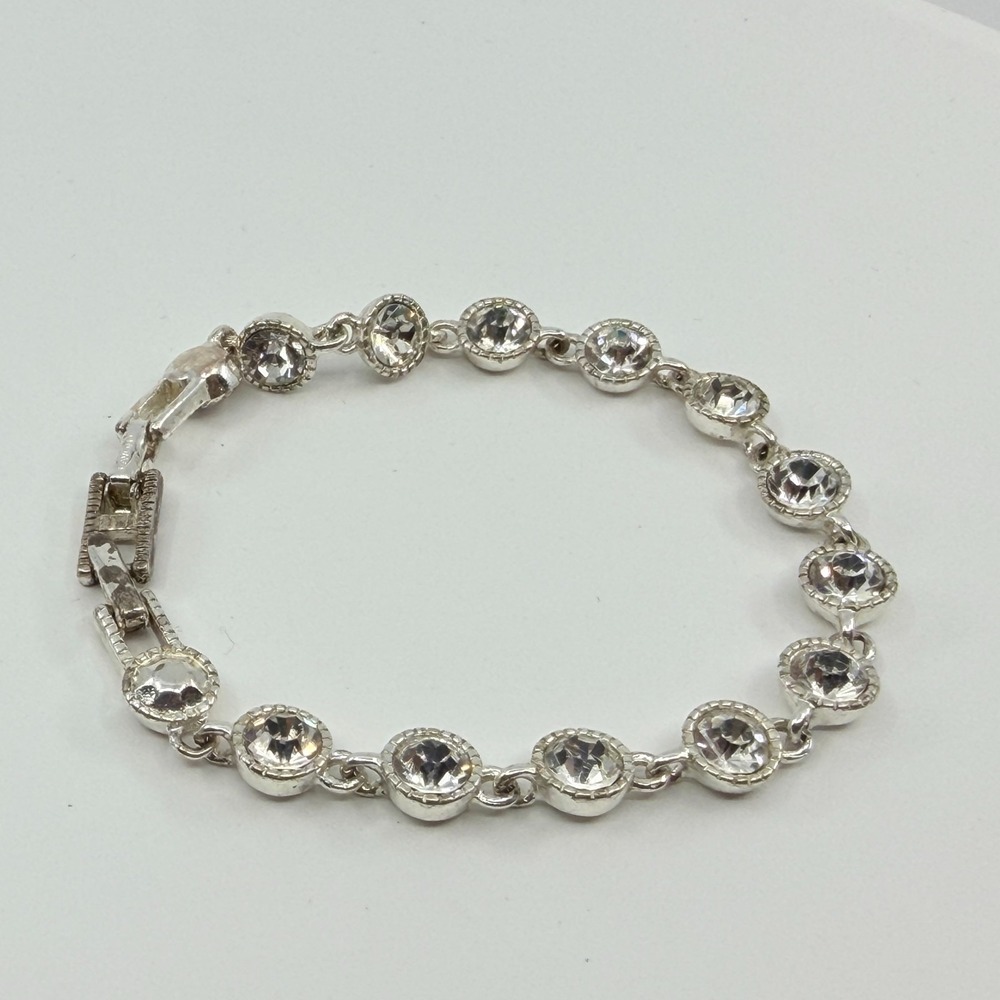 Vintage Y2K Silver Tone Clear Rhinestone Crystal Round Link Bracelet 7" Classic - Picture 5 of 8
